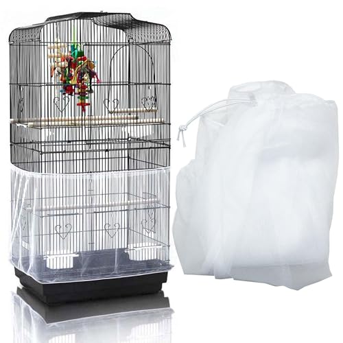 Bird Cage Seed Catcher, Large Bird Cage Cover, 75-118'' Universal Adjustable Birdcage Cover Skirt Soft Airy Nylon Mesh Net for Parakeet Macaw African Round Square Cage, White - color: White