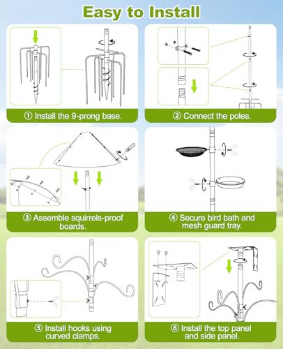 Heavy Duty Bird Feeder Pole Shepherds Hooks Squirrel Proof for Outdoor | Adjustable Heavy Duty Birdhouse Pole Smart Feeder Stand with 4 Hooks 9 Prongs Base Squirrel Baffle for Hanging Plant Garden - size: 93inch