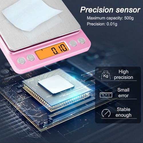 0.01g High Precision Kitchen Food Scale, Diyife 500g Portable Digital Scale | with LCD Display, Tare, Multifunctional Gram Scale Weight for Cooking, Baking, Jewelry, 2 Tray, Batteries Included, Pink - color: Pink