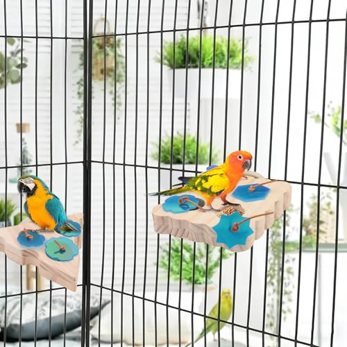 ASTIMESA 2 Packs Triangle & Square Parrot Foraging Feeder, Wooden Bird Enrichment Plaything Stand, Interactive Foraging Plaything for Birds Parakeet Pet Budgie Cockatiel Cage Feeding (Wooden)