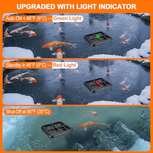 Aobiono Upgraded Pond Heater De-Icer with Light Indicator, Automatic Thermostatic Control 48°F On / 95°F Off, Keeps Ice Hole for Fish Koi Ponds, Stock Tanks, Bird Baths, 12 ft Cord (500W)