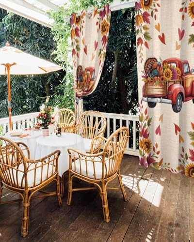 Outdoor Curtain for Patio, Fall Red Truck Waterproof Blackout Curtain for Porch/Pergola, Thanksgiving Sunflower Turkey Maple Leaf Linen Thermal Insulated Drapes for Cabana, 1 Panel, 54 x 108 Inch - size: 54"W x 108"L (Pack of 1)
