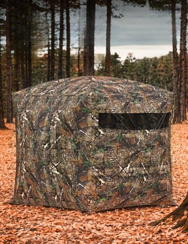 Hunting Blind 270 Degree See Through Ground Blind for Turkey Deer Hunting, Camouflage Pop Up Hunting Blinds Ground Waterproof Portable Concealed Shelter with Silent Door and Carrying Bag - size: 2-3 Person