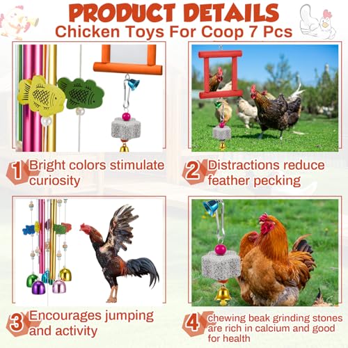 VioraWhite 7 Pcs Chicken Toys, Hanging Chicken Wind Chime, 2 Pcs Coop Mirror Toys with Bells 4 Pack Beak Grinding Stones, Musical Coop Accessories for Hen Rooster Chick Poultry Birds(Red, Orange) - color: Red, Orange
