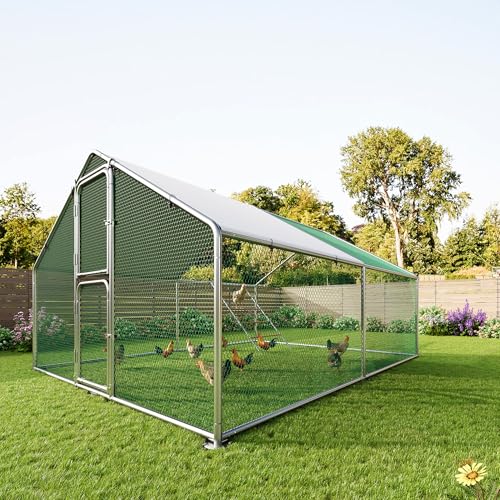 Amopatio Metal Large Chicken Coop 13x10 FT Walk in Chickens Runs with Chicken Roosting Perch, Outdoor Chicken Pen with Security Lock and Split Door for Farm, Yard, Backyard - color: Silver, size: 157.0"L x 119.0"W x 79.0"H