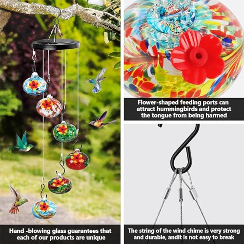 Charming Wind Chimes Hummingbird Feeder for Outdoors Hanging Ant and Bee Proof, Never Leak,Unique Hand Blown Glass Humming Bird Feeder Perfect Garden Decor for Window Garden Patio