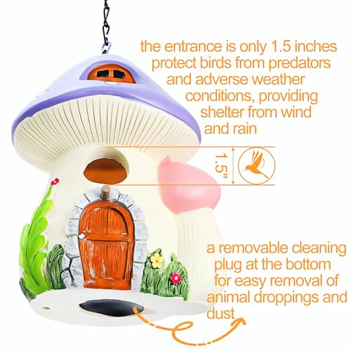 WUWEOT Garden Bird House for Outside Clearance, Resin Hanging Birdhouse, Decorative Mushrooms Humming House, Bird Blue Wren Finches Bluebird Nesting for Home Garden Yard Patio Outdoor
