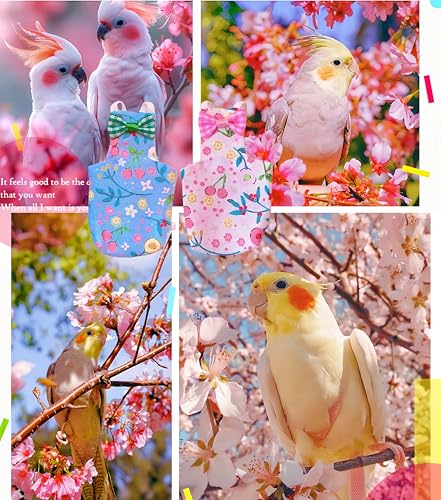 2 Pcs Bird Diapers Bird Harness Flight Suits Diapers with 80in Flying Leash Reusable Parrot Nappy with Waterproof Inner Layer for Cockatiel Budgie Conure Parakeet Lovebird-Blue&White