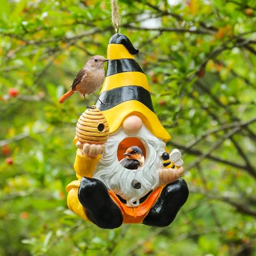Yinns Resin Bird House, Decorative Gnome Birdhouse for Outdoor Garden Decor | Birdhouses for Outdoors, Hanging Funny Gnomes Birdhouse for Outside Garden Decor for Humming Bird, Bluebird, Nesting - color: C-Yellow gnome