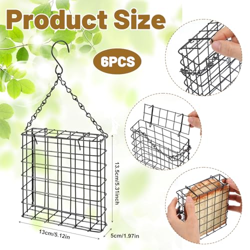 Suet Bird Feeders Outdoor, 6 Pack Hanging Wild Bird Feeder with Single Cake Capacity, Weatherproof Metal Suet Feeder for Garden Yard Decoration, Easy to Clean & Hang (Black)