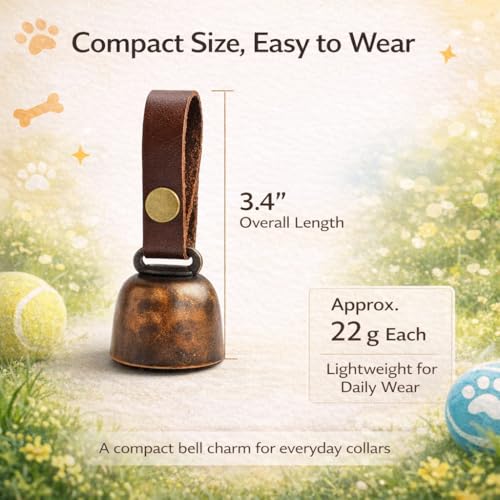 kcrygogo Dog Collar Bell with Leather Snap Strap, 2 Pack Loud Pet Collar Bells for Dogs, Jingle Bell to Help Locate Your Dog, Includes 2 ID Capsule Tags, Vintage Copper Bell Collar Accessory