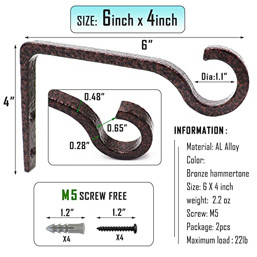 6inch Al-Alloy Hanging Plant Bracket Bronze hammertone 2 Pack | Rust-proof | Max 22lb Load | Shepherd Hooks | Hanging Bird Feeder, Lantern, Flower Basket, Outdoor Indoor, Screws & Anchors - color: Bronze hammertone, size: 6in Aluminum Alloy