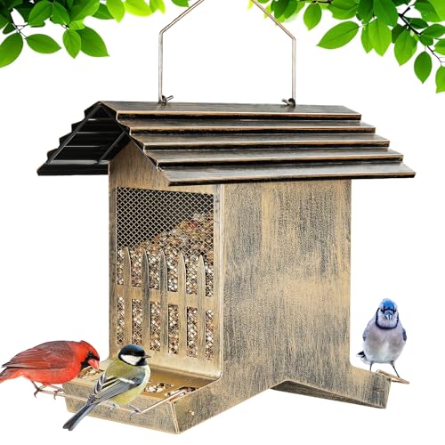 Large Metal Bird Feeder House Outdoor 2-Side Feeding 7.5 Lbs Capacity | Heavy Duty, Waste Proof, Waterproof, Weatherproof, Chew-Proof, House Shape, Easy to Refill and Clean, No Frequently Refill - size: L- 7.5 lbs capacity