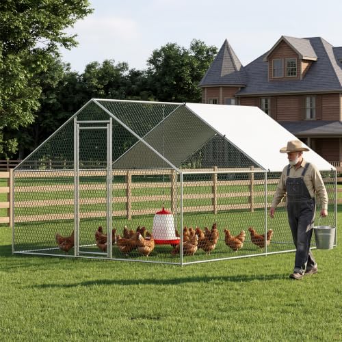 10 x 13 x 6.6 ft Large Chicken Coop, Heavy Duty Galvanized Metal Walk in Chicken Run with Roof Cover and Locking Door, Outdoor Poultry Pen for Chickens Ducks Rabbits - size: 10 x 13 x 6.6 ft