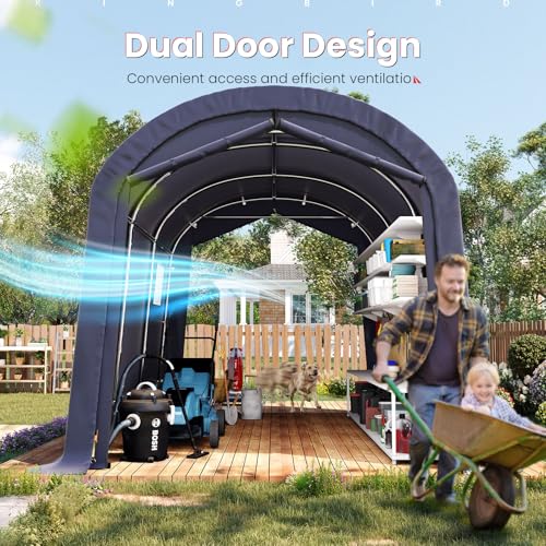 KING BIRD 10' x 15' Round Style Garage Carport Shelter Heavy Duty Storage Shelter Portable Canopy Shed with Roll-up Ventilated Windows for Boat, Patio Furniture and Lawn Mower-Dark Gray - size: 10'X15'