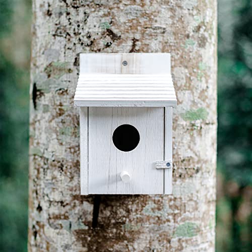 Wooden Bird House for Outside with Perch - Weatherproof Hanging Birdhouse for Finches, Bluebirds, Cardinals - Outdoor Garden Birdhouse with Easy Clean Design - color: White