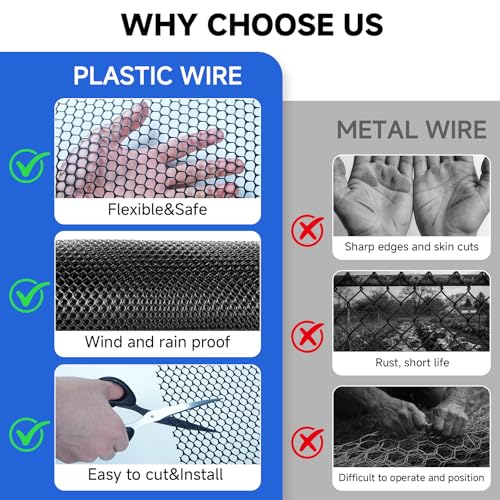 16 INx50 FT Plastic Chicken Wire Mesh Poultry Netting Garden Fence Black | Plastic Chicken Wire Fencing Roll with Ground Stakes & Nylon Ties - Pet Cat Balcony Protection & Outdoor Chicken Coop Barrier