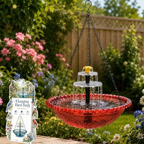 3-Tier Solar Powered Hanging Bird Bath Fountain, Integrated Solar Bird Bath for Outside, Cascading Water for Hummingbirds Wild Birds, Garden Patio Decor (Pink) - color: Pink