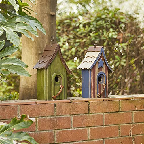 Glitzhome Birdhouses for Outdoors, Green Hand Painted Garden Wooden Bird House with Single Roof Hanging Bird House for Outside - color: Green