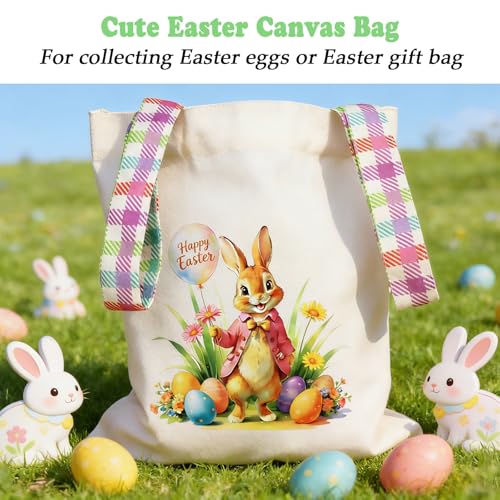 Easter Basket Bunny Canvas Tote Bag, 12.2x11 Inches, Natural Canvas, Hand-Carry, for Gift and Easter Egg Collection - color: B-pink