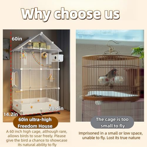 60in Large Flight Bird cage, Equipped with Bird's Nest，Ladder, Swing, Feeder, etc. with Wheels for Easy Outdoor Movement, Suitable for Parrots, Pigeons (White) - color: White