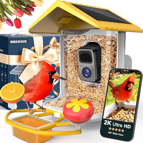 Bird Feeder with Camera Solar Powered 2K Video with 32GB Card Auto Capture | Instant App Alert, AI Identify, Easy Refill, 1.8L Capacity, IP65 Weatherproof, Pole/Bracket Mount, 3 DIY Add-ons, 2.4G Wifi - color: Yellow