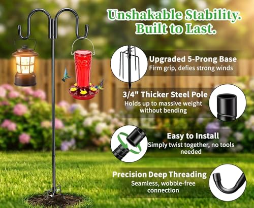 Black Double Shepherds Hook - 67 Inch Adjustable Bird Feeder Pole with 5 Prongs Base - Heavy Duty Rustproof Shepards Hooks for Outdoor Hummingbird Feeder Stand, Solar Lights, Lanterns, Flower Basket