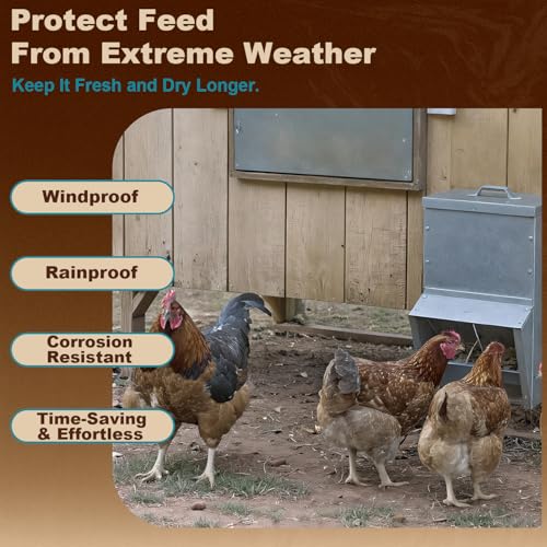 Galvanized Chicken Feeder - 25Lbs Outdoor Waterproof Metal Feeder with Lid, Coop Food Dispenser No Waste for Chicken, Haning or Stand