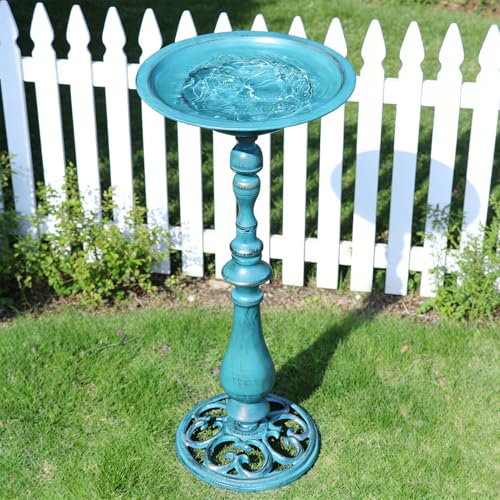 26.6"H Cast Iron Pedestal Bird Bath,Metal Birdbath for Outdoors (Blue) | Bird Bath for Outside,Tall Bird Baths,Bird Feeder Seed Tray for Garden Yard Decor - color: Blue