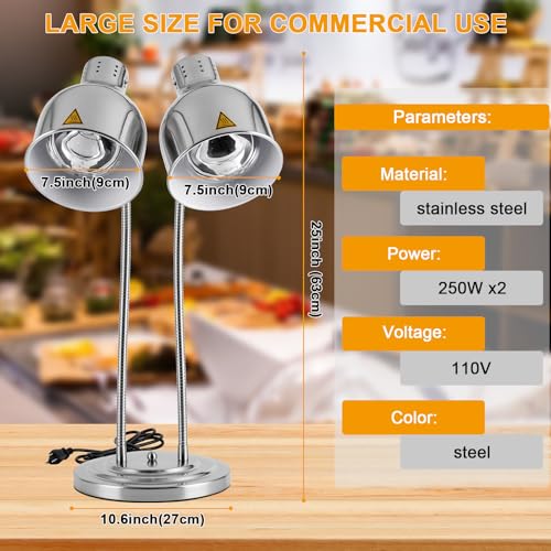 Dual Head Food Heat Lamp 500W w/3 Bulbs for Buffet Food Warmer | Heavy-Duty, Commercial Large Food Warming Lamp w/ 3 Bulbs,Carving Station/Restaurant/ Parties, Flexible Arms, Adjustable Head