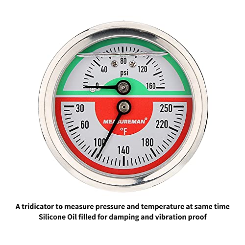 MEASUREMAN Tridicator, Thermo-Manometer, 2-1/2", Silicone Oil Filled, 0-160psi/30-250 deg F, Stainless Steel Case, 1/4" NPT Back Mount - size: Back Mount-Liquid Filled