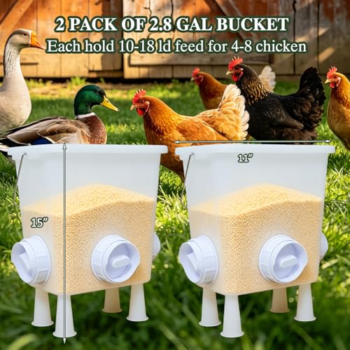 Chicken Feeder with No Waste Ports, Automatic Poultry Feeder for Chickens, Gravity Chicken Feeders Kit for Outdoor Coop, 2.8 Gal-Capacity Bucket with Legs