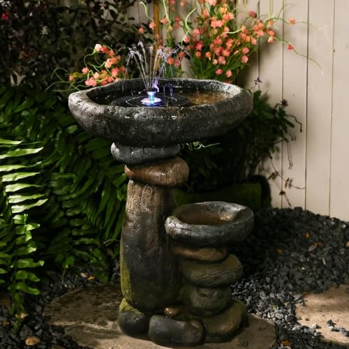Solar Water Fountain for Bird Bath, Solar Powered Freestanding Water Feature with LED Lights, Multi-Tier Stacked Stone Bird Feeder & Planter for Yard, Porch and Outside Decor - color: Grey-23 in