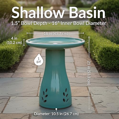 Sunnydaze Hand-Painted Ceramic Outdoor Bird Bath for Garden, 21” H, Seafoam | UV & Frost-Resistant Mineral Glazed Finish, 1 Gal Water Cap, Easy Assembly, Pedestal Bird Bath for Outside, Ceramic Birdbath