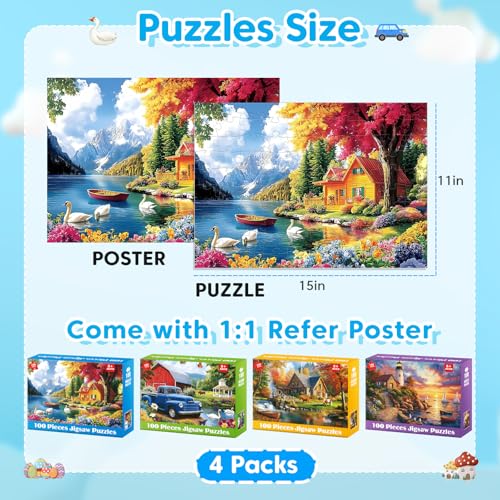 4 Pack 100 Piece Puzzles, Large Piece Jigsaw Puzzle for Kids Ages 5-8 | 4 Themed Landscape Puzzle Set Educational Toys for Girls Boys, Fun Learning Activity Puzzle Games for Children Ages 4-10 - style: Swan Lake Autumn Forest Cabin Lighthouse