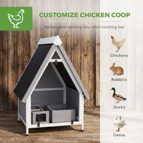 PawHut Chicken Coop for 2 Hens, Outdoor Wooden House, 31" x 29" x 43", Grey | Removable Nesting Box & Roosting Bar, Tray, Ramp, Chicken House, Poultry Cage Rabbit Hutch