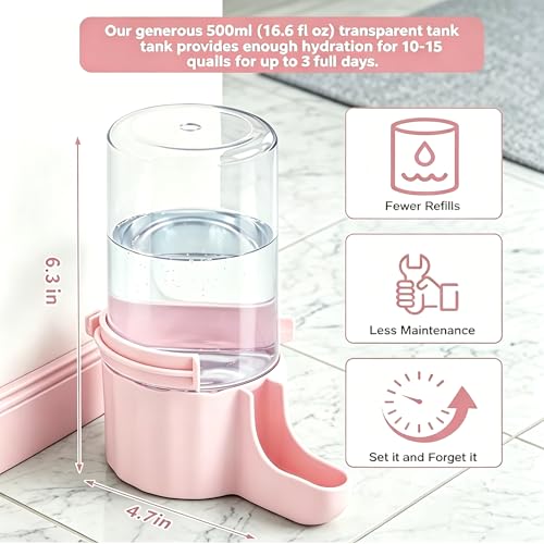 Button Quail Waterer with 1.5cm Narrow Safety Tray, 2 Pack 16.6 oz Baby Quail Chick Waterer, Automatic Gravity Water Dispenser with Integrated Hooks for Wire Mesh Cages and DIY Brooders, (Pink)