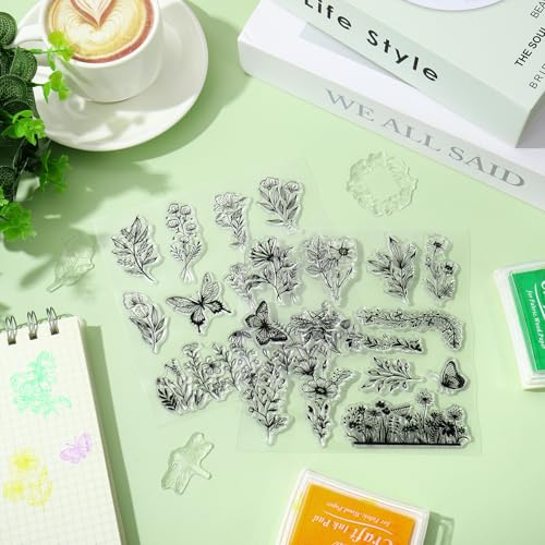 Whaline 5 Sheets Wildflower Clear Stamps Floral Leaves Butterfly Silicone Transparent Stamps for DIY Craft Card Making Scrapbooking Embossing Album Decor - style: Wildflower