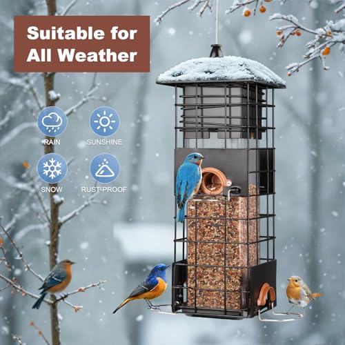 Squirrel Proof Bird Feeder, Hanging Feeder with Gravity Protection | 2.5 LB Large Capacity, Metal Feeders for Outdoors/Garden/Courtyard，4 Feeding Ports for Attract More Small Wild Birds, Black