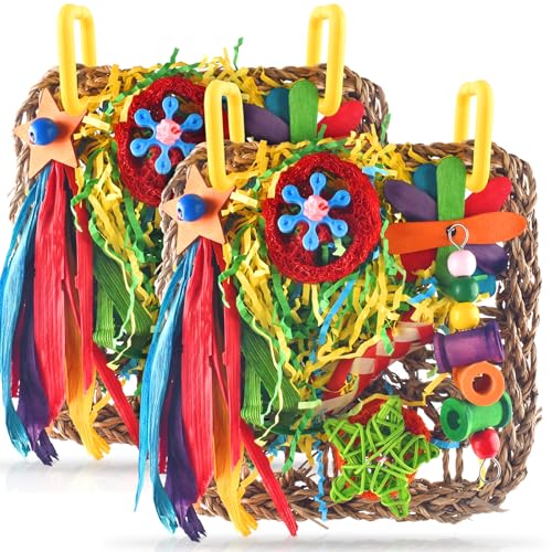 ERKOON Cockatiel Toys, Budgie Toys Foraging Toy Hanging Bird Toy for Lovebrid Parakeets Conures Parrot Foraging Wall with Colorful for Birds Shredding Seagrass, Birds Cage Accessories-2 Pack - size: Large grass mat-2 Pack