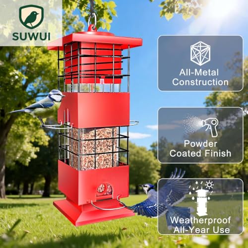 Squirrel Proof Bird Feeder, 3.5Lbs Metal Wild Bird Feeders Anti Squirrel with 4 Feeding Ports for Garden Bird Feeding Station Outdoors Hanging, Pigeon Resistant, Easy to Clean & Refill (Red) - color: Red