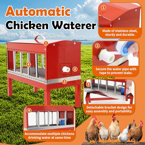 Automatic Chicken Waterer Stainless Steel Poultry Waterer No Waste with Float Valve Kit Bottom Bracket Chicken Watering System for Chicken Duck Goose Pigeon