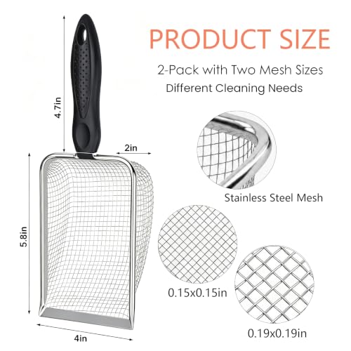 Chicken Coop Poop Scooper 2 Pack, Stainless Steel Sifting Shovels | 3.8mm & 5mm Mesh Sand Sifting Litter Shovel Tool for Chicken Coops Sand, Cat Litter and Bedding Cleaning, 2 adhesive hooks