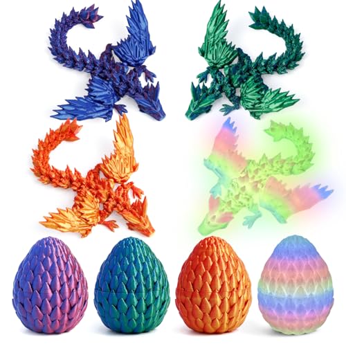4 Pack 3D Printed Dragon Egg - Small Scale Egg with Winged Dragon Inside, Surprise 3D Printed Gift Toy, Desk Executive Pet, Figurine Decor, Christams Easter Stuffers - color: Purple+green Blue+red Gold+glow Rainbow