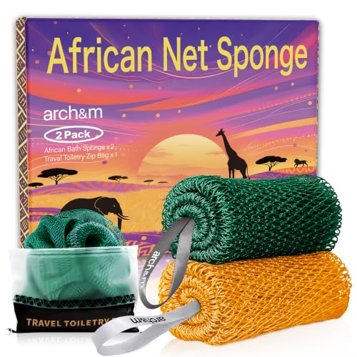 ARCH&M Authentic African Net Sponge with Knots, 2 Pack | 53" Extra-Long Back Scrubber, Quick-Dry Exfoliating Shower Mesh Loofah, Women and Men Daily Use, Gentle for Sensitive Skin - color: Forest Green + Golden