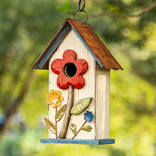 Glitzhome 10.25" Hanging Birdhouse for Outside, Distressed White with 3D Flowers - Spring Ready Nesting Box & Christmas Garden Gift Idea