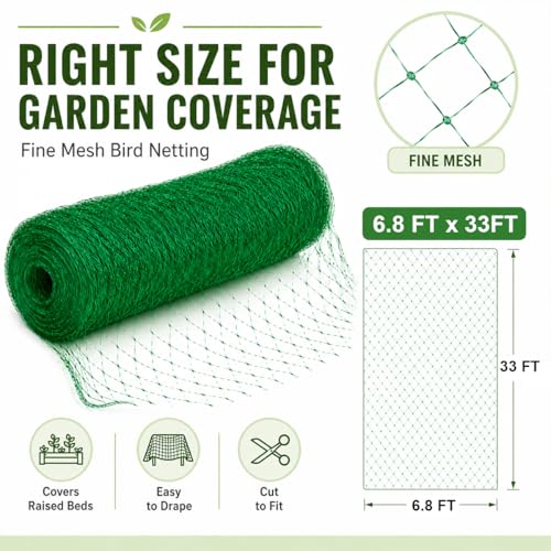 Garden Netting, 6.8 x 33 FT Bird Netting for Garden Plant Protection, Reusable Fine Mesh for Fruit Trees, Vegetable Plants, Blueberry Bushes, Raised Beds, Chicken Coop (6.8x33ft) - size: 6.8X33FT