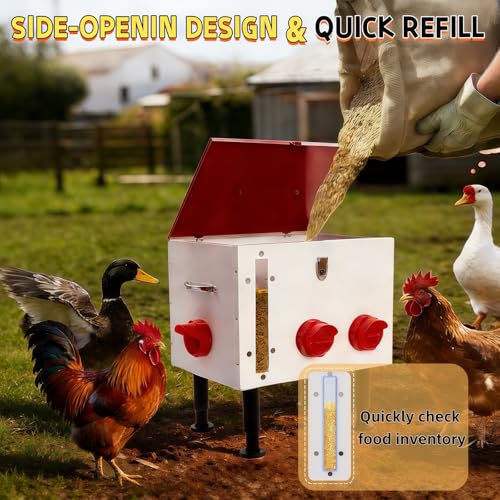 60LB Large Automatic Chicken Feeder with Viewing Window, 7 Port No Waste Design,Rodent Proof Metal Chicken Feeder with Adjustable Height Legs and Safety Latch, Suitable for Outdoor Coops.