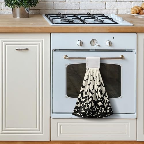 2 Pcs Halloween Black Bats Hanging Kitchen Towels Hand Towel with Hanging Loop Holiday Dish Tie Towel Soft Absorbent Fingertip Bath Towel for Bathroom Farmhouse Decor - color: Halloween Bats