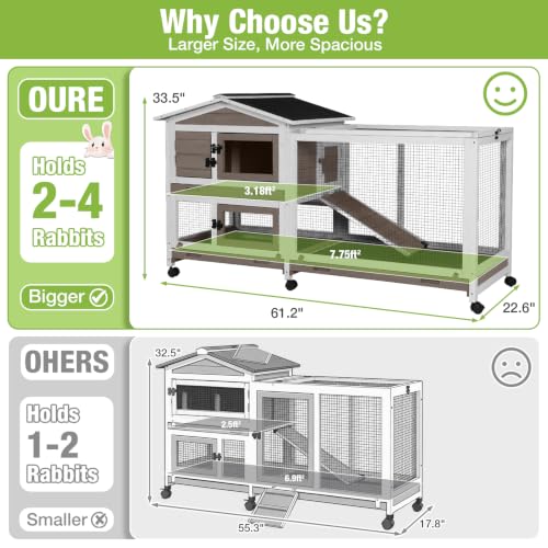 GUTINNEEN Rabbit Hutch with Chew-Resistant Ramp Indoor Bunny Cage Outdoor Guinea Pig Cage with Wheels and Leakproof Tray - size: 62.0"L x 22.6"W x 33.5"H